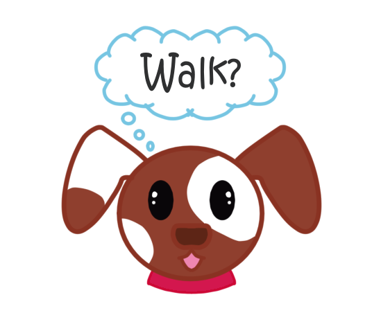 Brown and White Dog with cloud speech of Walk? and red collar exercise schedule calendar date sticker