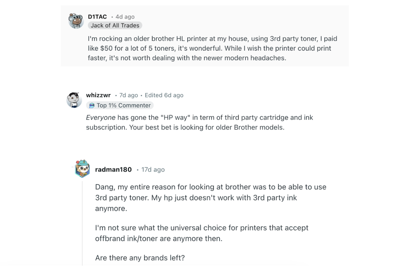 Reddit comments about Brother printer