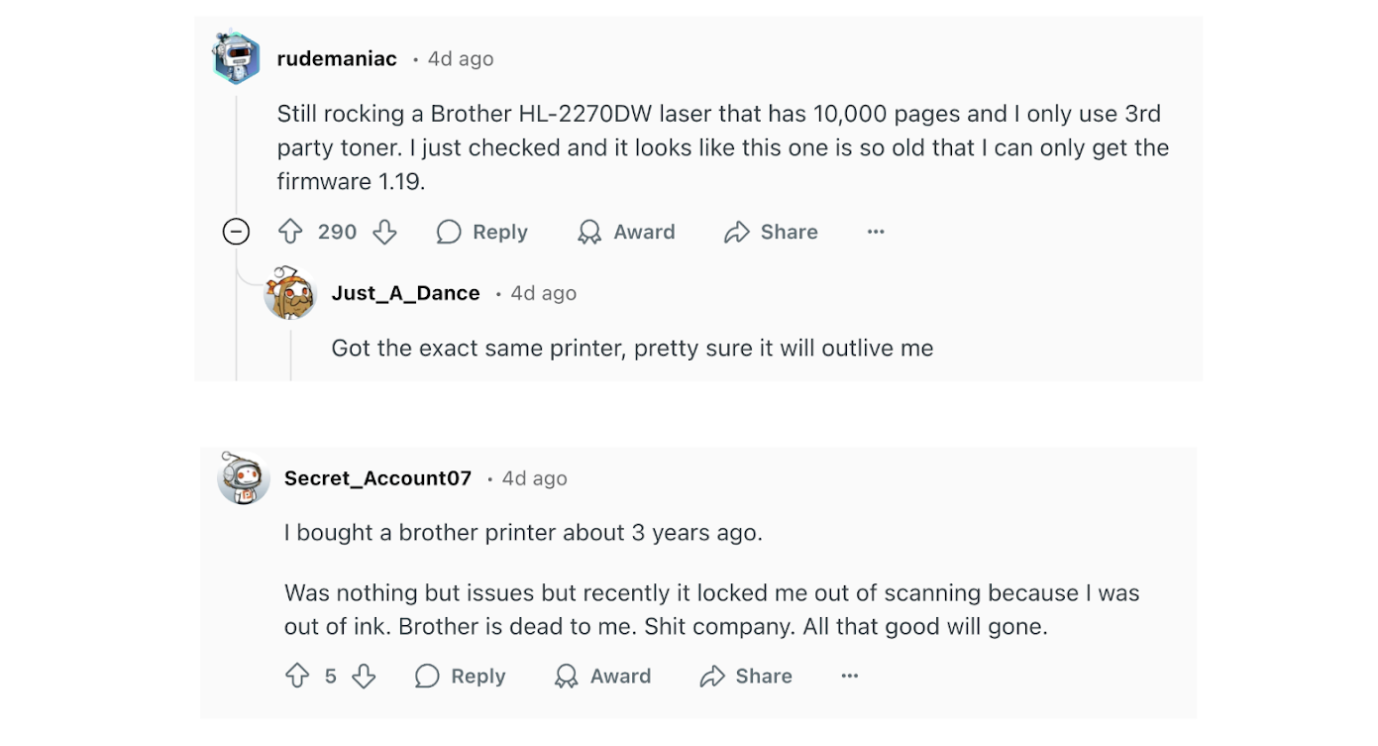 Reddit comment about Brother printer