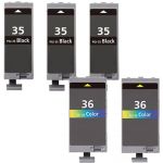 Canon 35 and 36 Ink Cartridges 5-Pack: 3 PGI-35 Black, 2 CLI-36 Color