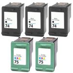 HP Printer Ink 74 75 Cartridges Combo Pack of 5: 3 x 74 Black, 2 x 75 Tri-Color
