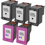 High Yield HP 63XL Combo Ink Pack of 5 Cartridges: 3 Black, 1 Tri-color