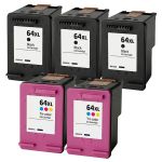High Yield HP Ink 64XL Black and Color 5-Pack: 3 Black and 2 Tri-color