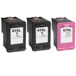 High Yield HP Printer Ink 67XL Combo Pack of 3: 2 Black and 1 Tri-color