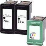 High Yield HP 74 75 Printer Ink Cartridges XL 3-Pack: 2 Black, 1 Color