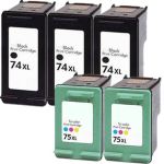 High Yield HP 74 75 Ink Cartridge Combo Pack of 5 XL: 3 Black, 2 Color