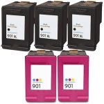 HP 901 Cartridge Color &amp; 901 XL Black 5-Pack: 3 x 901XL Black, 2 X 901 Tricolor