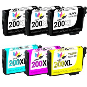 High Yield Epson 6-Pack T200XL Ink Cartridges: 3 Black, 1 Cyan, 1 Magenta, and 1 Yellow