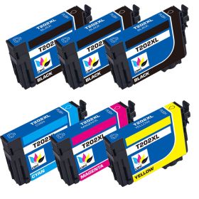 High Capacity Epson 202XL Ink Value Pack of 6: 3 Black, 1 Cyan, 1 Magenta, 1 Yellow