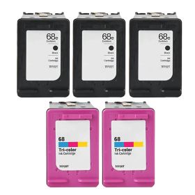 HP 68 68e Printer Ink Cartridges Combo Pack of 5: 3 High Yield Black, 2 Tri-color