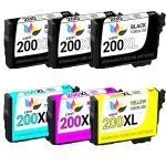 High Yield Epson 6-Pack T200XL Ink Cartridges: 3 Black, 1 Cyan, 1 Magenta, and 1 Yellow