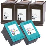 HP Tri-color 93 & Black HP 98 Printer Cartridges 5 -Pack: 3 Black, 2 Tri-color