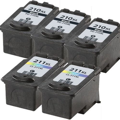 High Yield Canon 210 211 XL Combo Pack of 5 Ink Cartridges: 3 PG-210XL Black, 2 CL-211XL Color