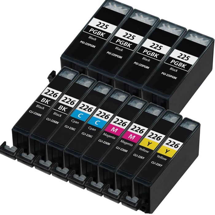 Canon 225 and 226 Combo Pack of 12 Ink Cartridges: 4 PGI-225 Pigment Black and 2 CLI-226 Black, 2 Cyan, 2 Magenta, 2 Yellow