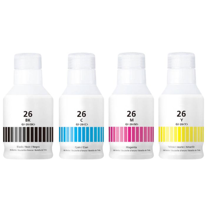 High Yield Canon GI-26 Ink Refill Bottles 4-Pack: 1 Black, 1 Cyan, 1 Magenta, 1 Yellow