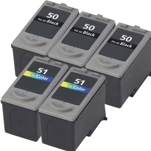 High Yield Canon Ink 50 51 Cartridges 5-Pack: 3 PG-50 Black, 2 CL-51 Color