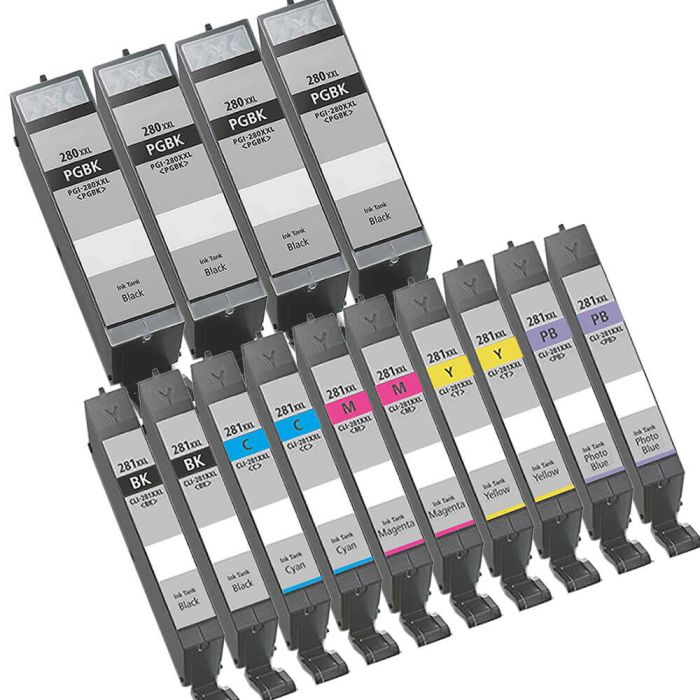 Super High Yield Canon PGI-280 CLI-281 Combo Ink Pack of 14 XXL: 4 PGI-280XXL Black and 2 CLI-281XXL Black, 2 Cyan, 2 Magenta, 2 Yellow, 2 Photo Blue