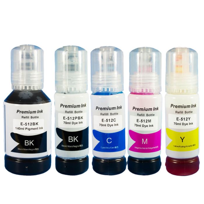 Ultra High Capacity Epson 512 Ink Bottles 5-Pack: 1 Black, 1 Photo Black, 1 Cyan, 1 Magenta, 1 Yellow