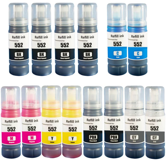 High Yield Epson 552 Ink Bottles Combo 14: 4 Black, 2 Photo Black, 2 Cyan, 2 Magenta, 2 Yellow, 2 Gray