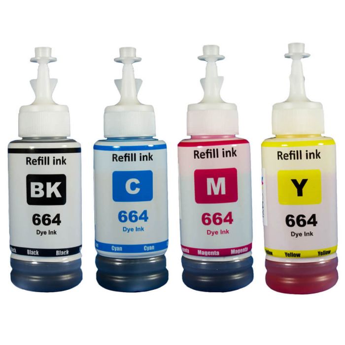 Ultra High Yield Epson 664 Ink Refill Bottles 4-Pack: 1 Black, 1 Cyan, 1 Magenta, 1 Yellow