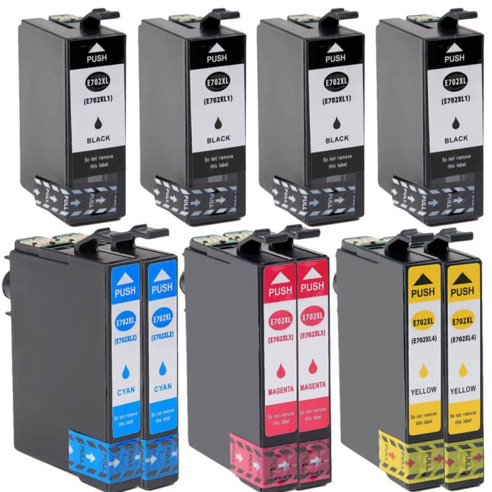 High Yield Epson 702 Ink Value Pack of 10 XL Cartridges: 4 Black, 2 Cyan, 2 Magenta, 2 Yellow