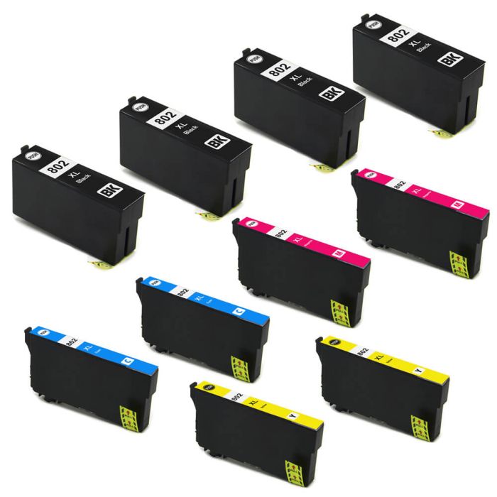 High Yield Epson 802 Cartridge Combo Pack XL 10-Pack: 4 Black, 2 Cyan, 2 Magenta and 2 Yellow