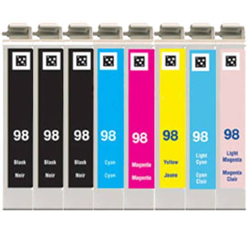 High Capacity Epson T098 Ink Cartridges - Epson 98 8-Pack: 3 Black, 1 Cyan, 1 Magenta, 1 Yellow, 1 Light Cyan, 1 Light Magenta