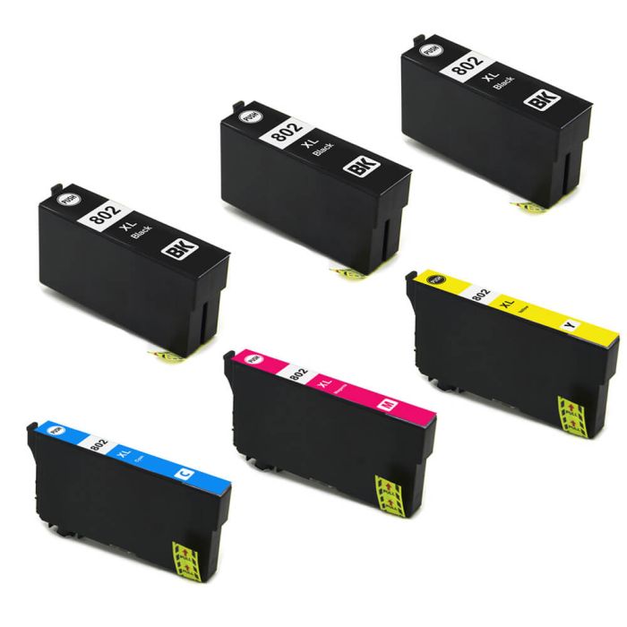 High Yield Epson T802XL Ink Cartridges 6-Pack: 3 Black, 1 Cyan, 1 Magenta and 1 Yellow