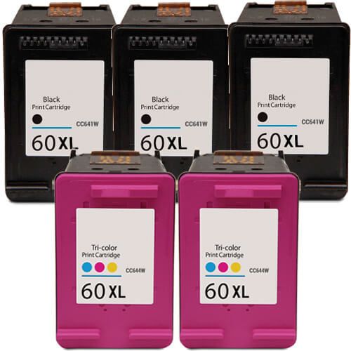 High Yield HP 60XL Ink Cartridge Combo Pack of 5: 3 Black, 2 Color