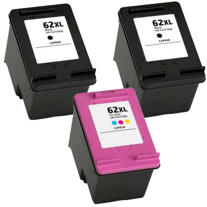 Replacement HP 62 Ink XL Combo Pack of 3 - High Yield: 2 Black, 1 Tri-color