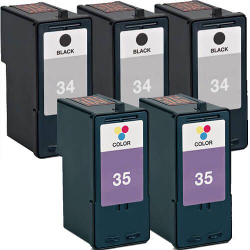 High Yield Lexmark Ink Cartridges 34 35 5-Pack: 3 x 34 Black and 2 x 35 Color
