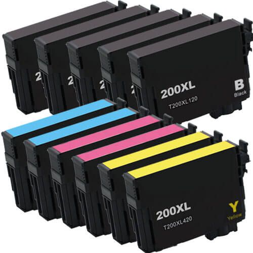 High Yield Epson Printer Ink 200XL Cartridges: 5 Black, 2 Cyan, 2 Magenta, and 2 Yellow
