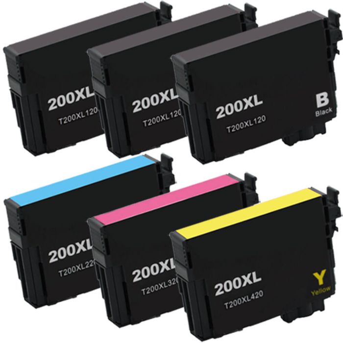 High Yield Epson 6-Pack T200XL Ink Cartridges: 3 Black, 1 Cyan, 1 Magenta, and 1 Yellow