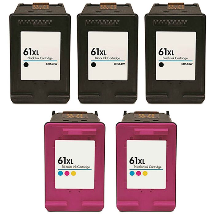 High Yield HP Printer Ink 61XL Combo Pack of 5: 3 Black & 2 Tri-color