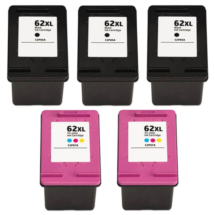 High Yield HP 62 XL Combo Pack of 5 Ink Cartridges: 3 Black, 2 Tri-color