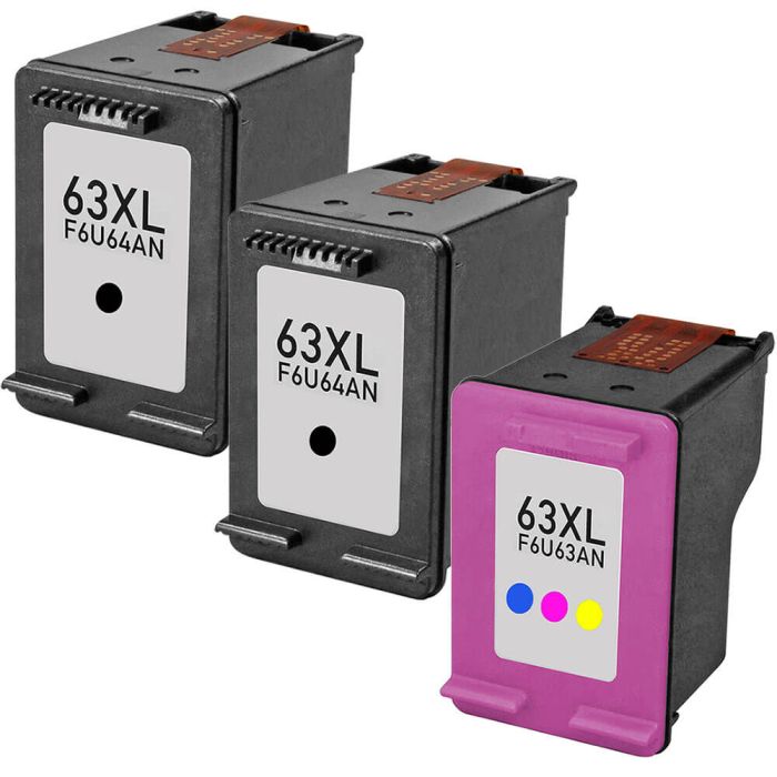 High Yield HP 63 Ink XL Combo Pack of 3 Cartridges: 2 Black, 1 Tri - color