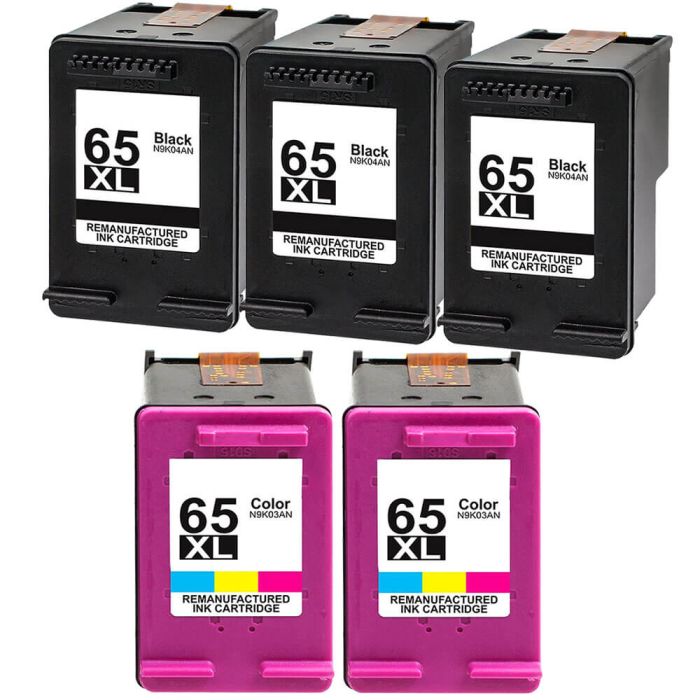 High Yield HP 65XL Printer Ink Cartridges 5-Pack: 3 Black and 2 Tri-color