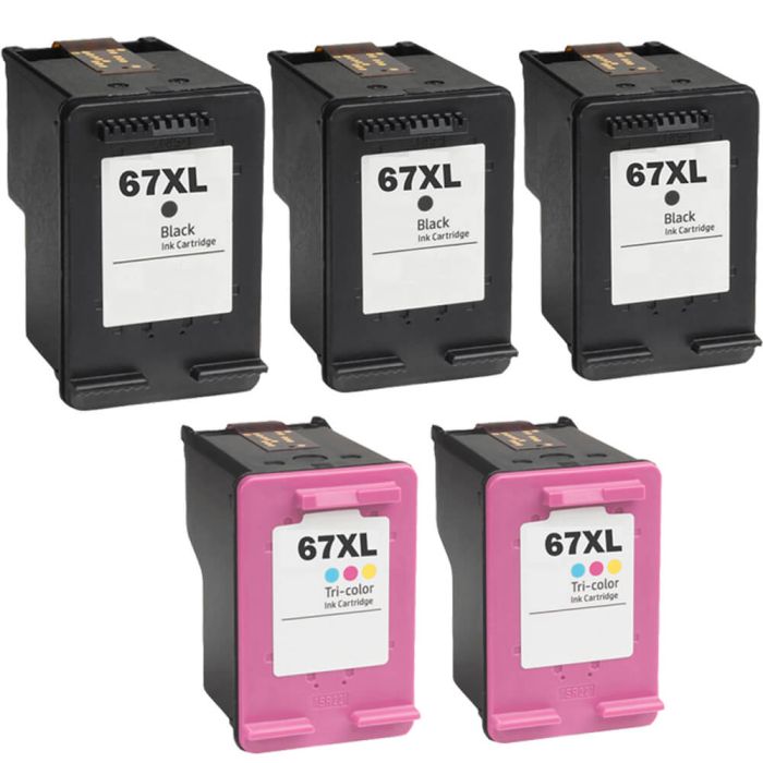 High Yield HP Ink 67 XL Cartridges Combo Pack of 5: 3 Black and 2 Tri-color