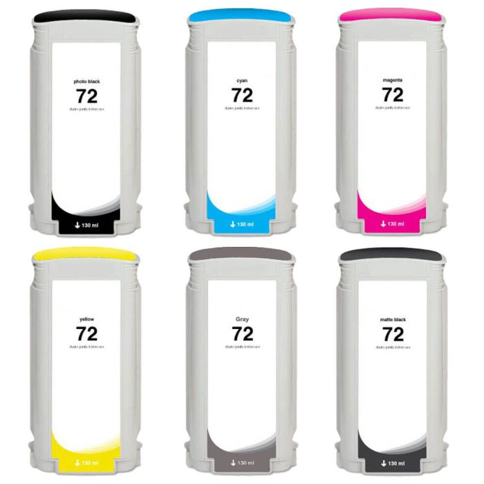 High Yield HP 72 Ink Cartridge Set of 6 130ml: 1 Photo Black, 1 Matte Black, 1 Cyan, 1 Magenta, 1 Yellow, 1 Gray