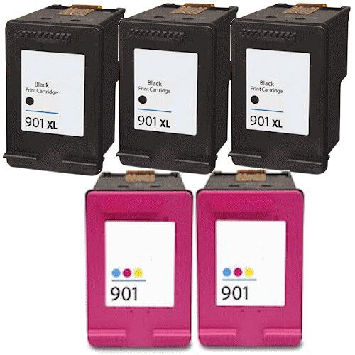 HP 901 Cartridge Color & 901 XL Black 5-Pack: 3 x 901XL Black, 2 X 901 Tricolor