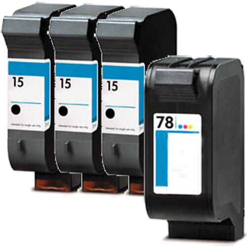 HP 15 78 Ink Cartridge Combo Pack of 4: 3 15 Black, 1 78 Tricolor