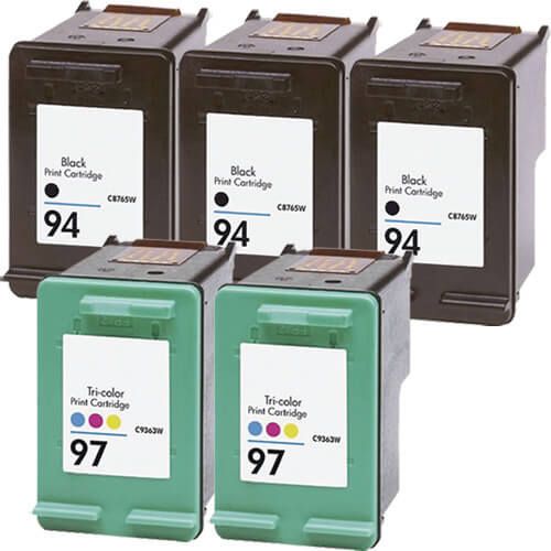 HP 94 Printer Cartridges & 97 HP Ink 5-Pack: 3 Black and 2 Tri-color