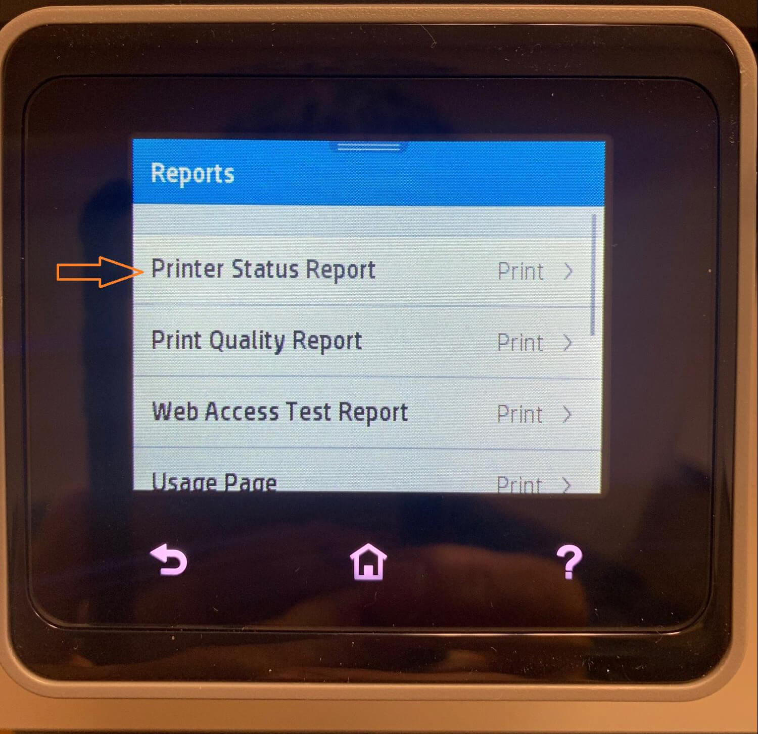 Printer Status Report on Reports menu
