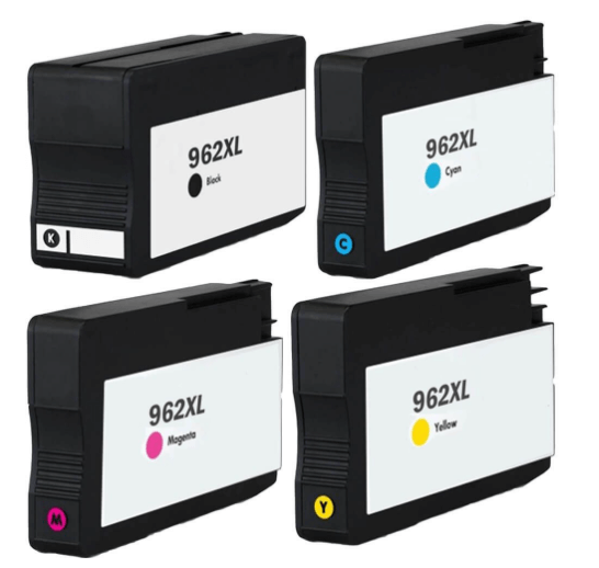 Remanufactured High Yield HP 962XL black, cyan, magenta, and yellow ink cartridges