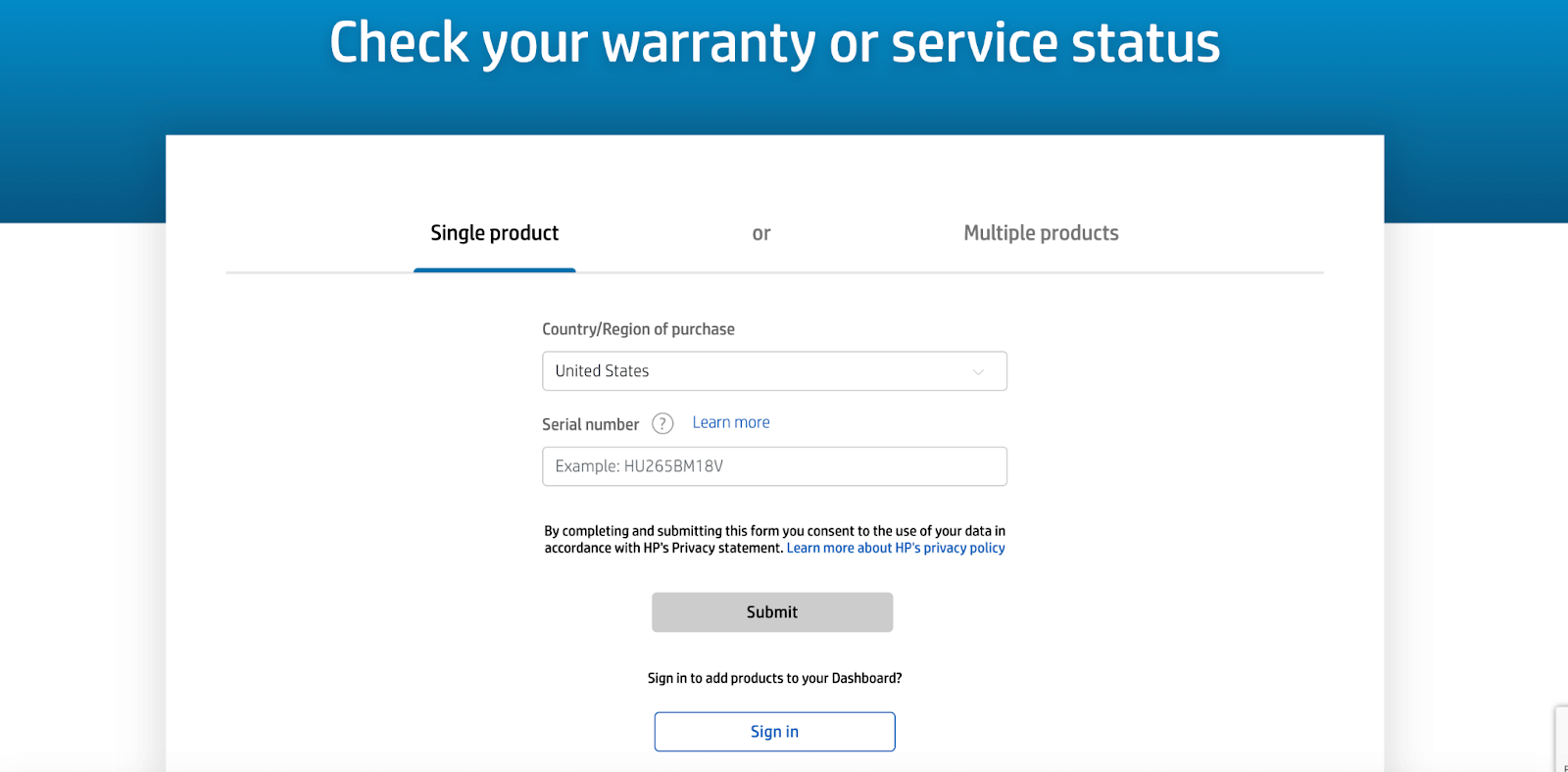 Check warranty or service status form