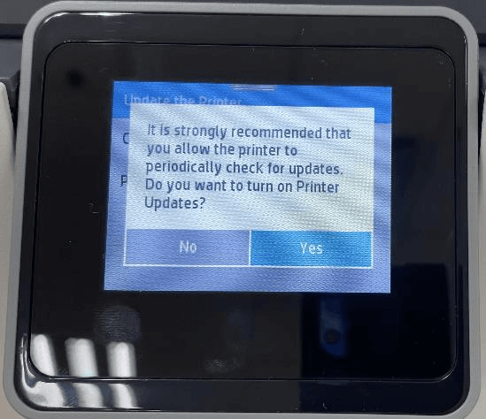 Confirmation window to turn off printer updates