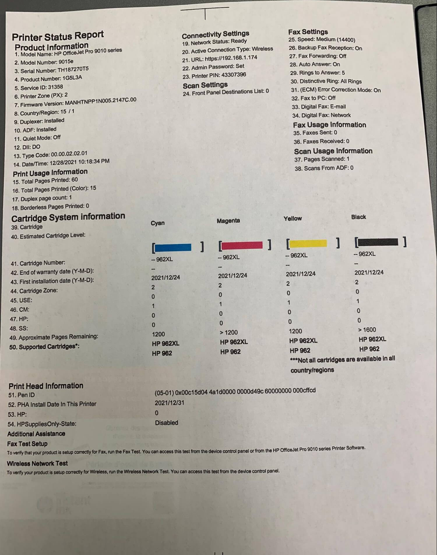 Screenshot of printer status report.