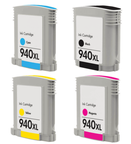 Remanufactured High Yield HP 940XL black, cyan, magenta, and yellow ink cartridges