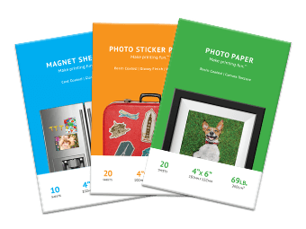 Photo paper, sticker printer page and magnet sheets packs
