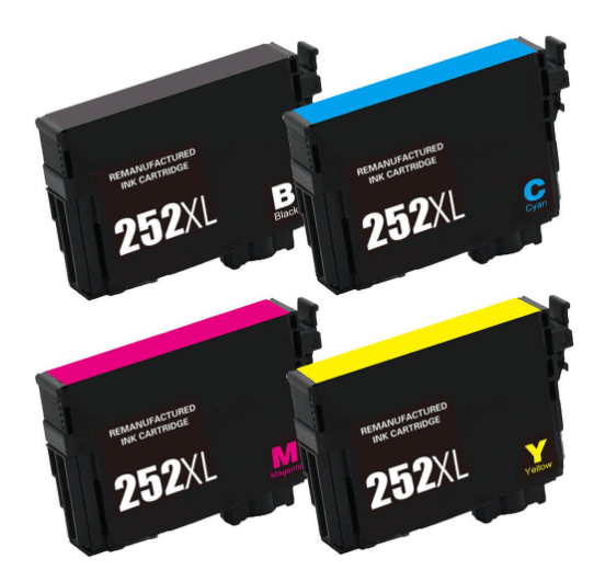 Remanufactured high yield Epson 252XL ink cartridges in black, cyan, magenta, and yellow